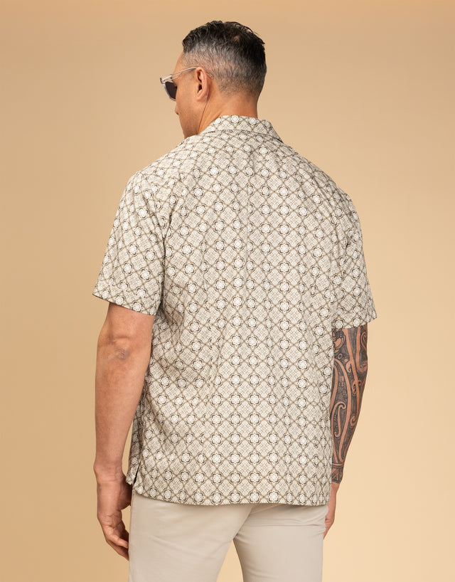 Hahei Olive Green Geometric Short Sleeve Shirt