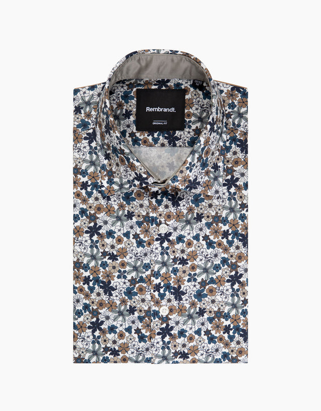 Barbican Teal Blue & Brown Floral Print Shirt