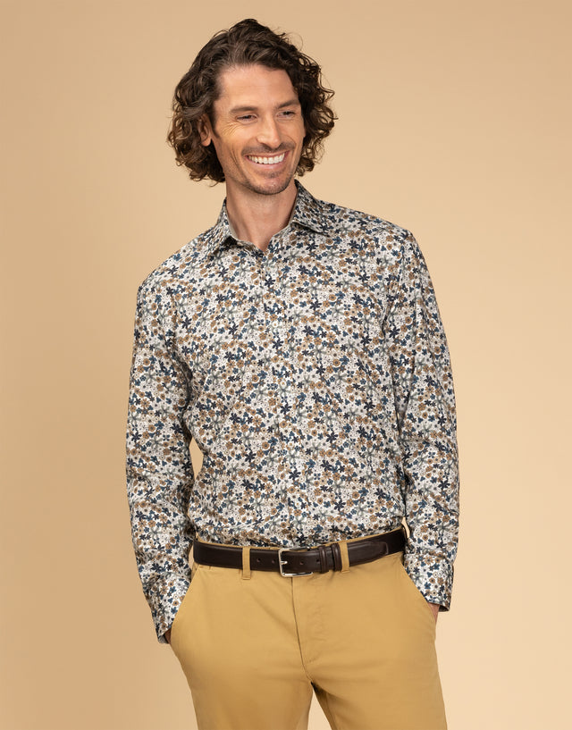 Barbican Teal Blue & Brown Floral Print Shirt