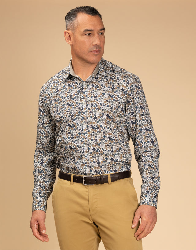 Barbican Teal Blue & Brown Floral Print Shirt