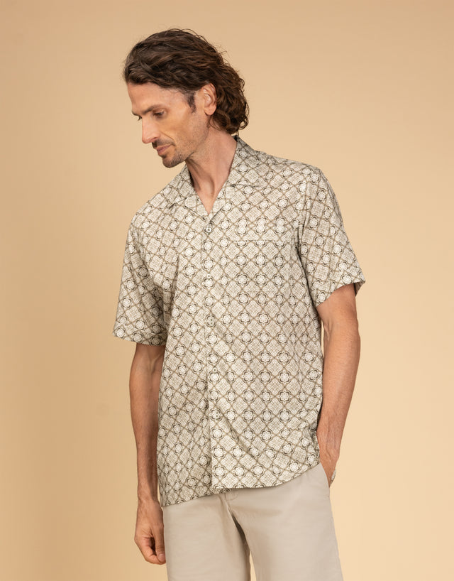 Hahei Olive Green Geometric Short Sleeve Shirt