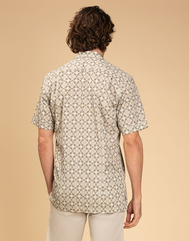 Hahei Olive Green Geometric Short Sleeve Shirt