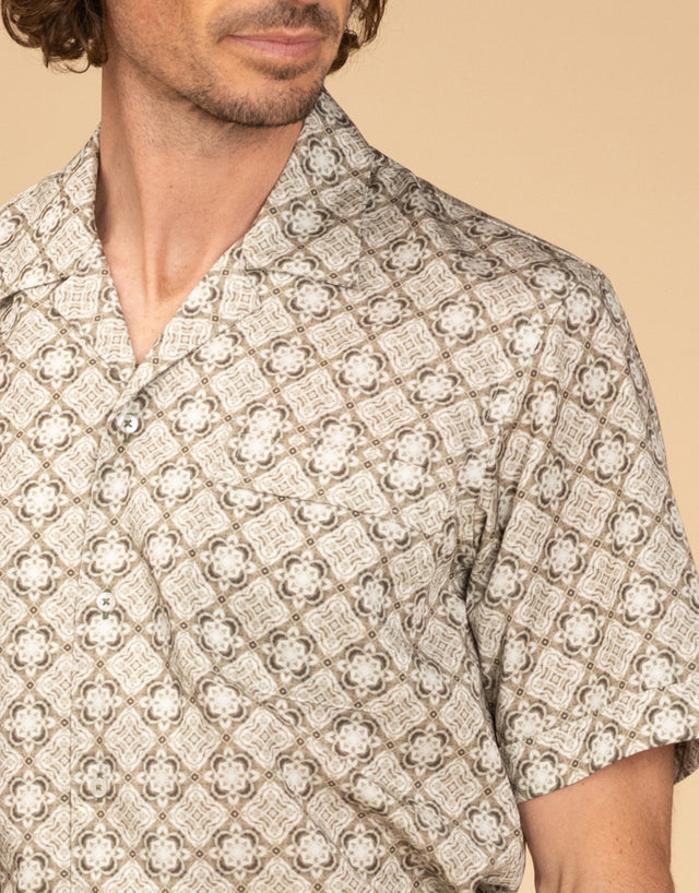 Hahei Olive Green Geometric Short Sleeve Shirt